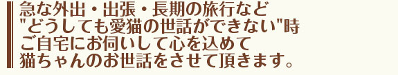 急な外出・出張・長期の旅行など“どうしてもペットの世話ができない”時、ご自宅にお伺いして、心をこめてペットのお世話をさせて頂きます。